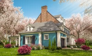 Home with blooming trees